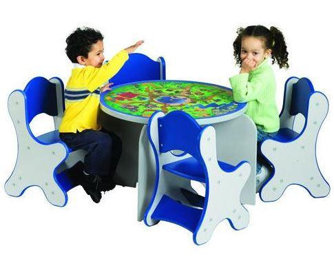 Playscapes Safari Adventures Children's Play Table, children playing with educational and fun safari-themed toys at the colorful play table with animal-shaped chairs.